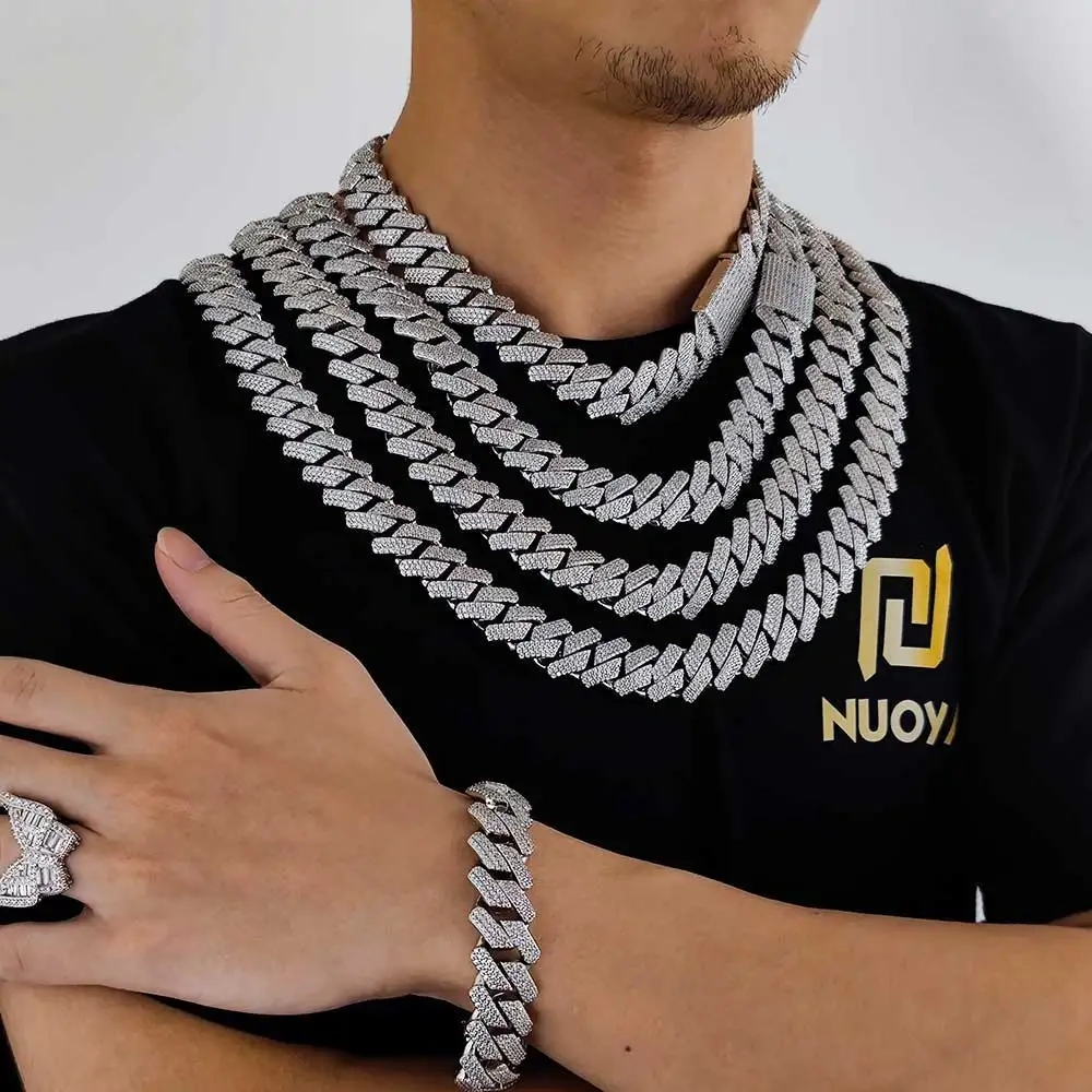20mm Hip Hop Choker Iced Out Double Rows Of Lozenges Prong Cuban Link Chain Chunky Necklace For Men