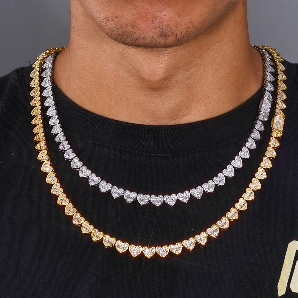 ESKEEM 8mm Mixed Inlay Iced Out Baguette Heart Tennis Chain 925 Silver VVS Moissanite Necklace Hip Hop Women's Fine Jewelry