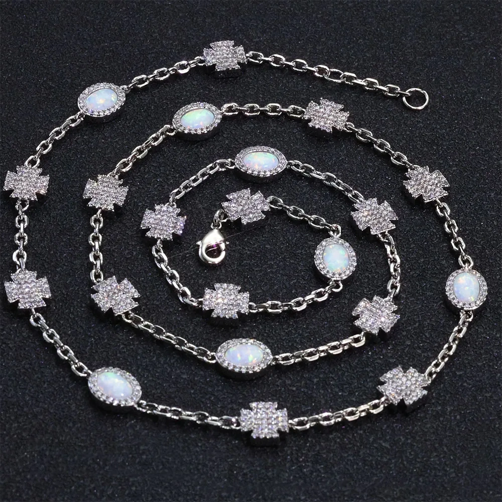 Bling Iced Out Simple Cross Elliptical Opal Necklace Shiny Popular Link Chain Charm Bracelet Hip Hop Jewelry