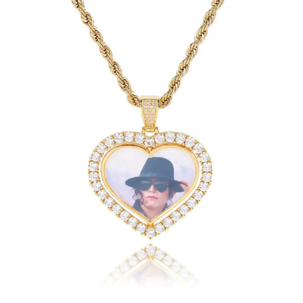 Custom Double Side Rotating Heart Necklace Personalized Family Memory Jewelry Heart Pendant Bling Diamond Necklaces For Couple
