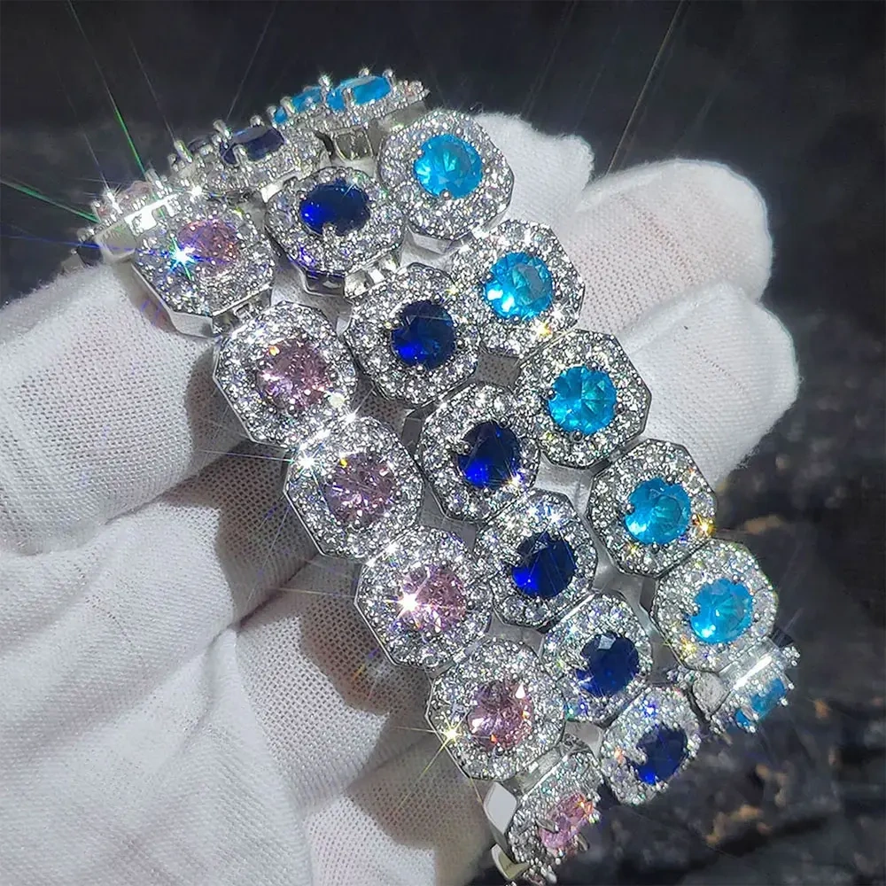 12mm Hip Hop Jewelry Pink/Treasure Blue/Sea Blue Girl Cluster Tennis Chain Cubic Zirconia Bling Diamond CZ Necklace For Women