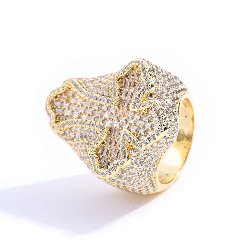 Hip Hop Jewelry Fashion Style Cross Cuban Ring for Men Bling Iced Out Round&T-shaped Diamond Cross Ring Party Gift