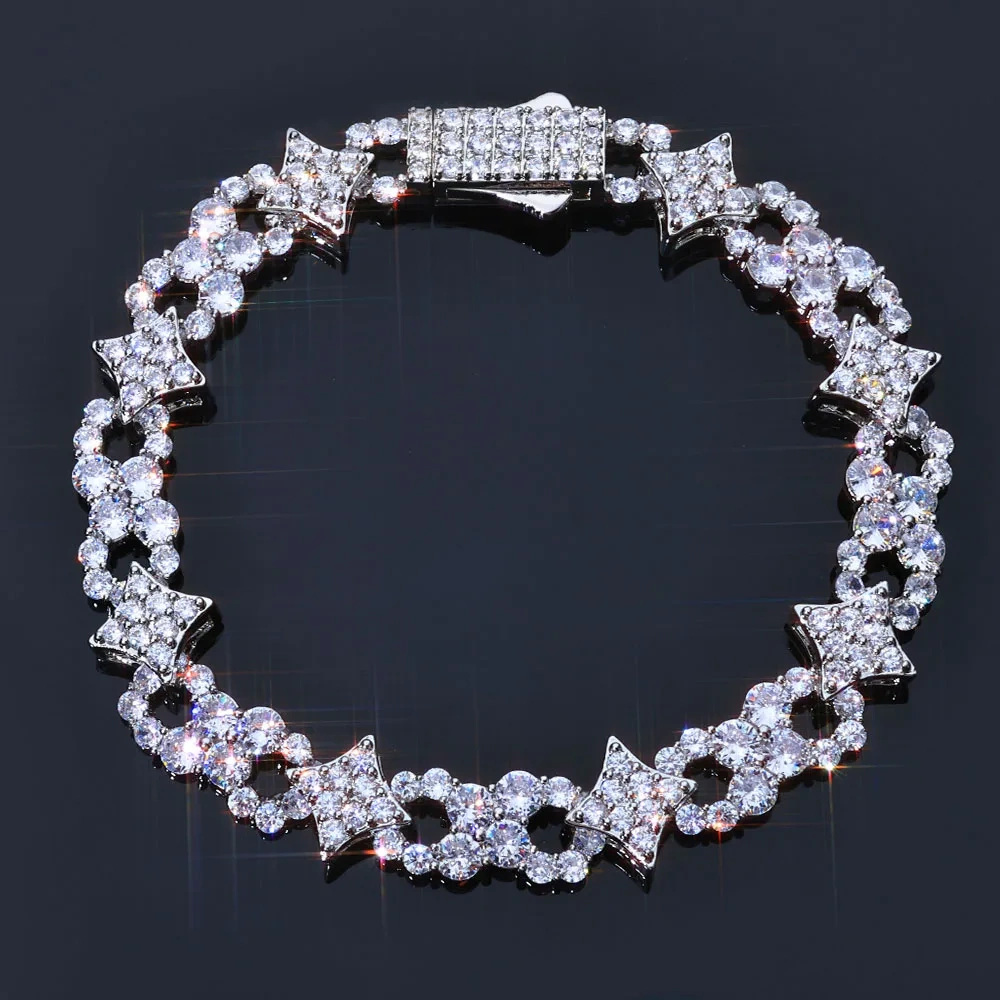 ESKEEM Spring Lock Clasp Bracelet Iced Out Zircon Four Pointed Star Infinity Design Bling Hip Hop Fine Jewelry