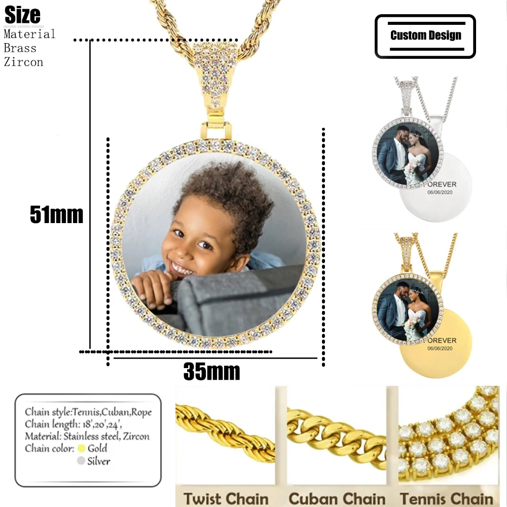 Personalized Photo Medallion Bling Stone Necklace Pendant Custom Memory Picture 35MM Circle Hip Hop Jewelry Pendant