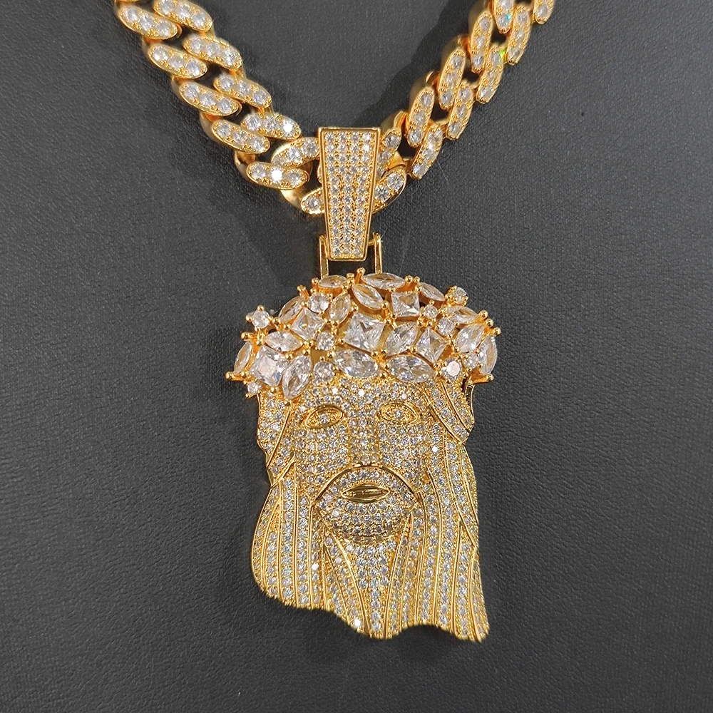 ESKEEM Bling Iced Out 5A CZ Jesus Face Pendant White Gold Plated Big Jesus Head Charm Hip Hop Jewelry wtih 12mm Cuban Chain