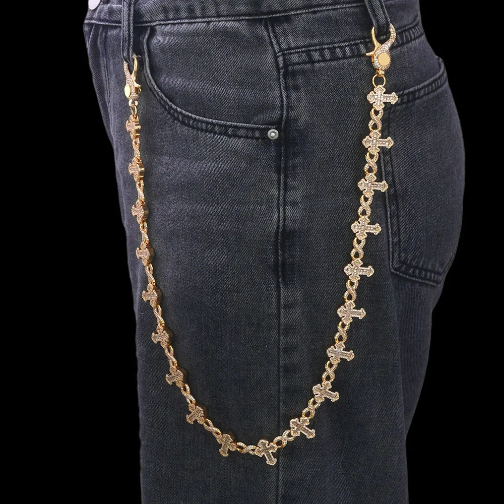 ESKEEM Luxury 15MM Iced Out Pants Chain Silver Plated Cross and 8-Character Infinite Design Bling Zircon Fine Hip Hop Jewelry