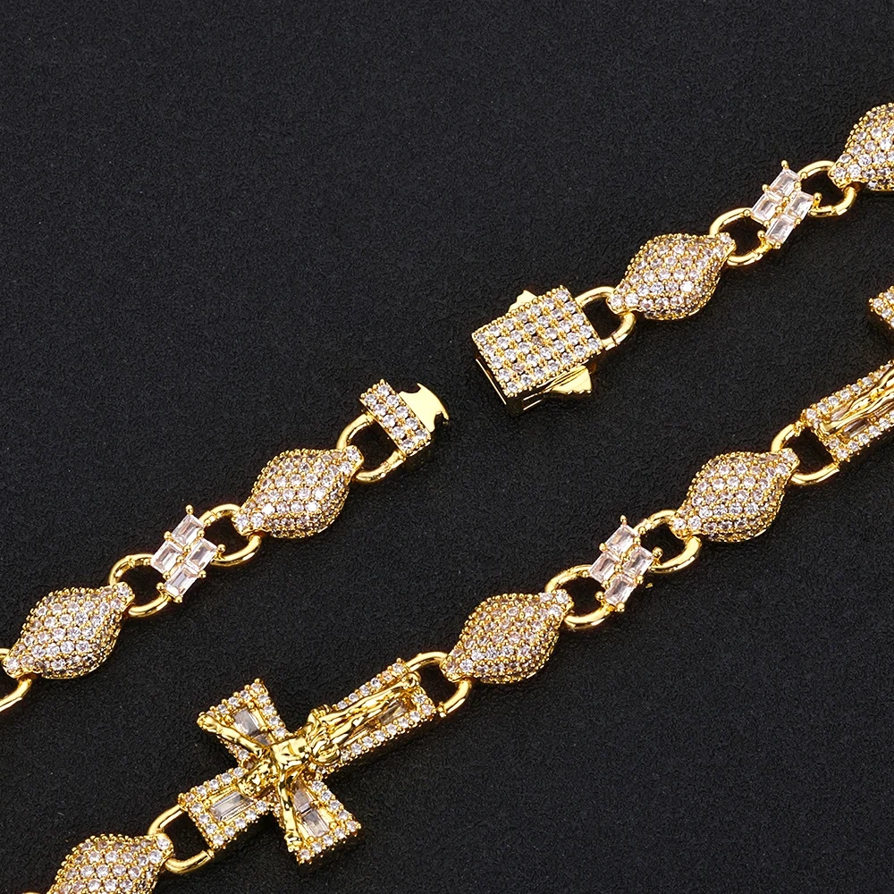 ESKEEM Mens Party Hip Hop Jewelry Gold Silver Plated Baguette Zircon Iced Out Lab Diamond Cross Infinity Cuban Link Necklace