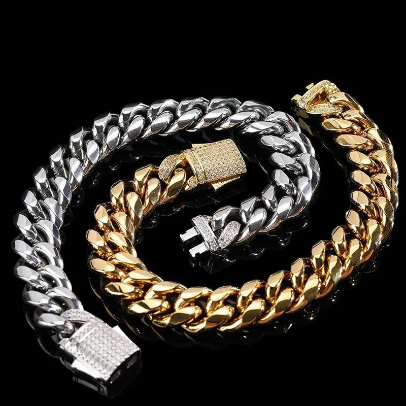 Hip Hop Stainless Steel Bracelet Bling CZ Clasp Jewelry for Men Designs Cuban Link Bracelet Free Custom Logo Drop Shipping