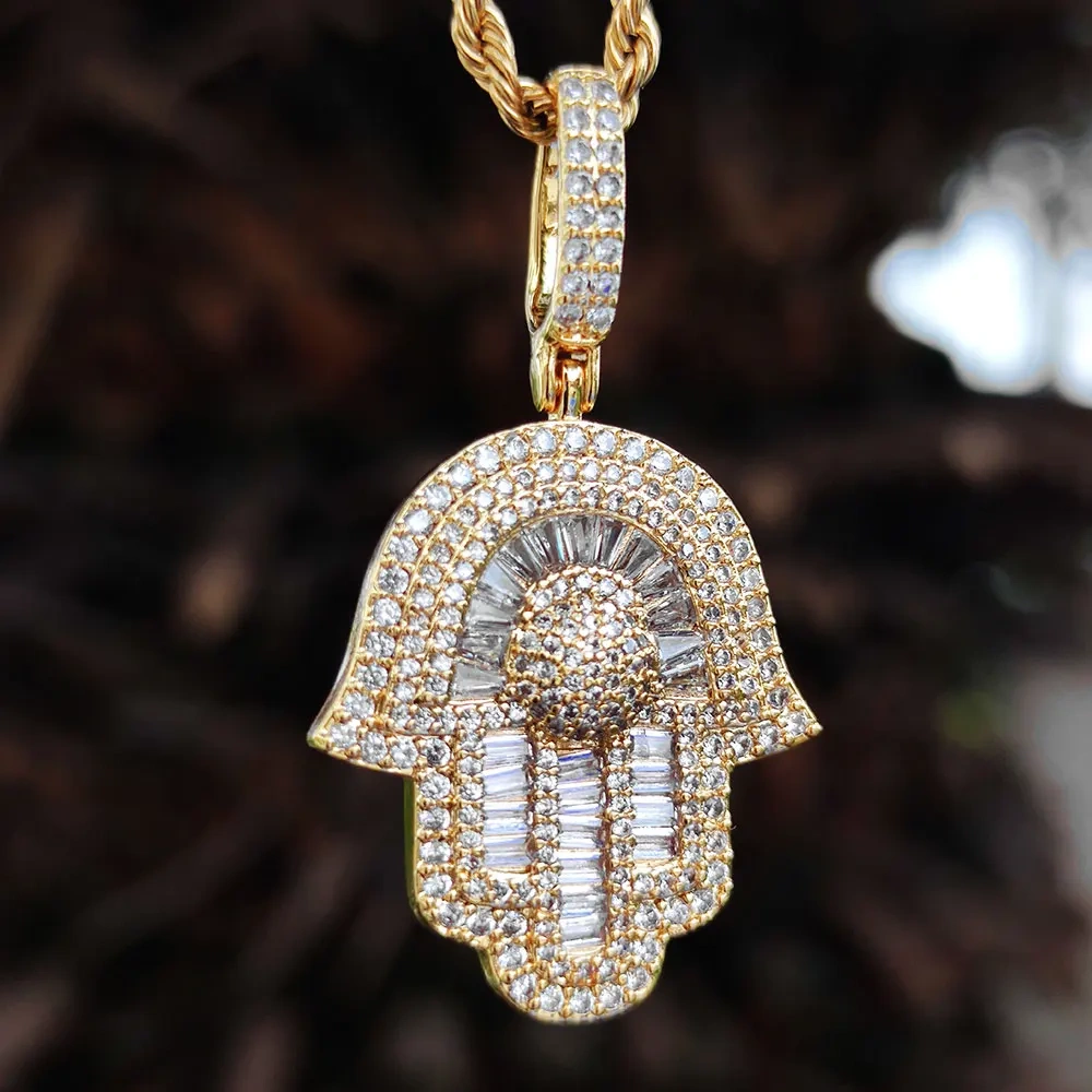 Hip Hop Jewelry Bling Iced Out 5A CZ Pave Hamsa Hand Fatima Pendant Necklace for Women Men With Tennis Chain Drop Shipping