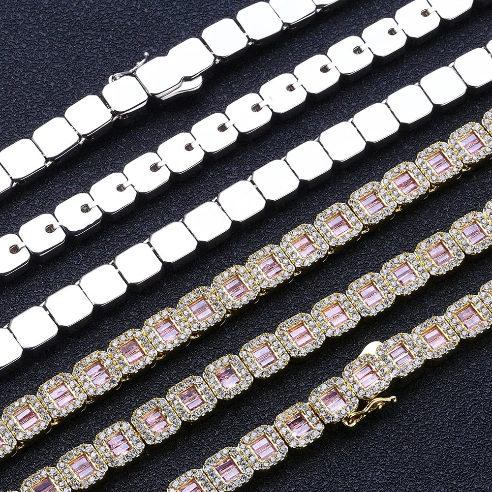 ESKEEM Hip Hop Jewelry White Gold Plated Clustered Tennis Chain for Women Micro Pave Purple Baguette CZ Diamond Tennis Necklace