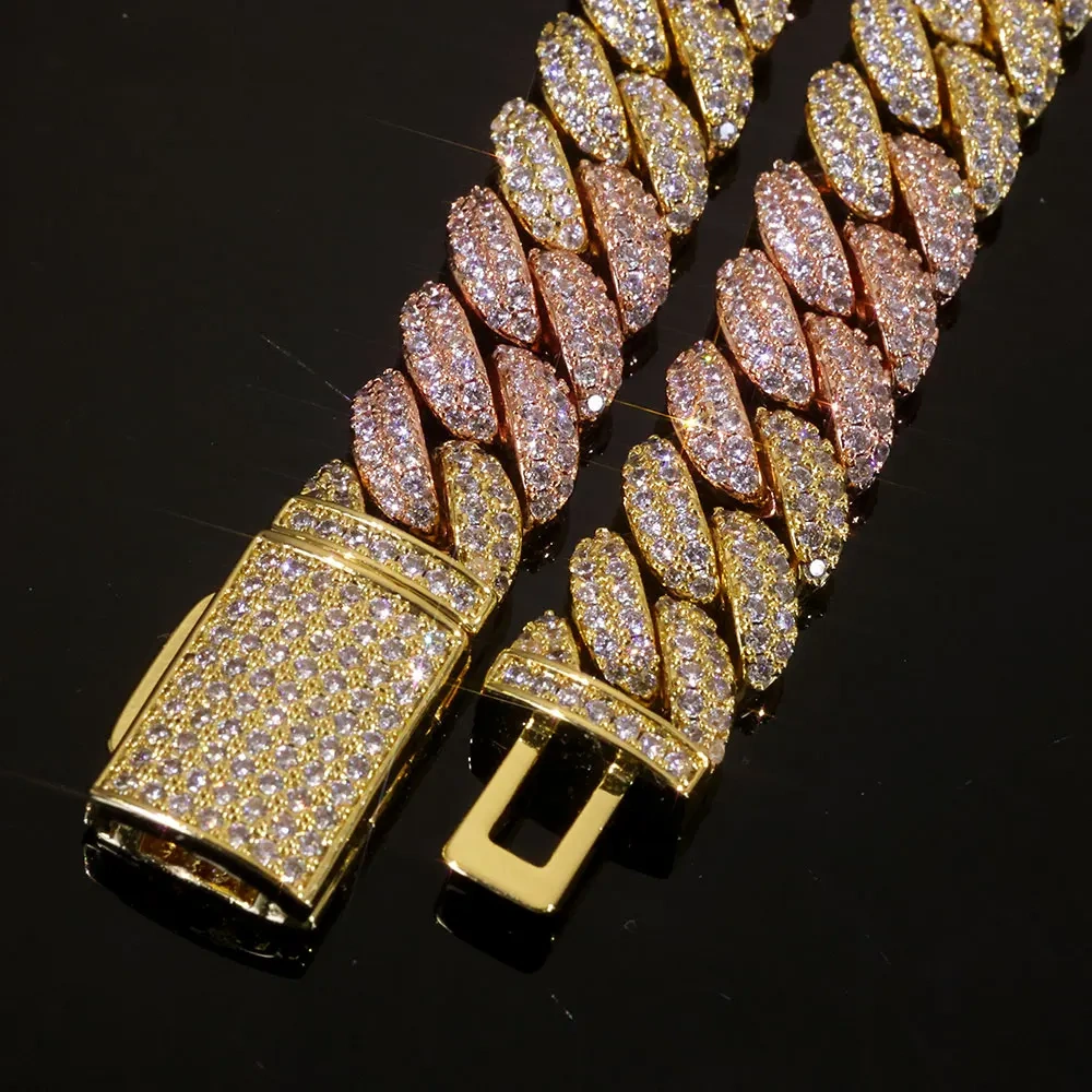 Hip Hop 10mm Iced Out Cuban Chain Bracelet Fine Jewelry Rose Gold Plated Two Color Cuban Link Necklace Women Birthday Gift