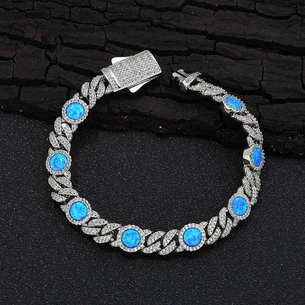 2025 Newest Arrival 18k Gold Plated Cubic Zircon Cuban Bracelet Jewelry Iced Out Big Blue Opal Cuban Chain Bracelet