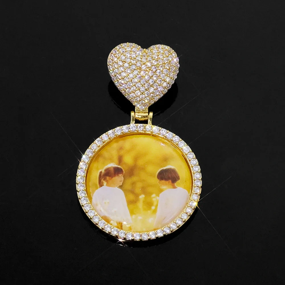 ESKEEM Custom Heart Bail Circle Chain Photo Pendant Necklace DIY Iced Out 35mm Photo Frame Pendant Hip Hop Necklace Jewelry