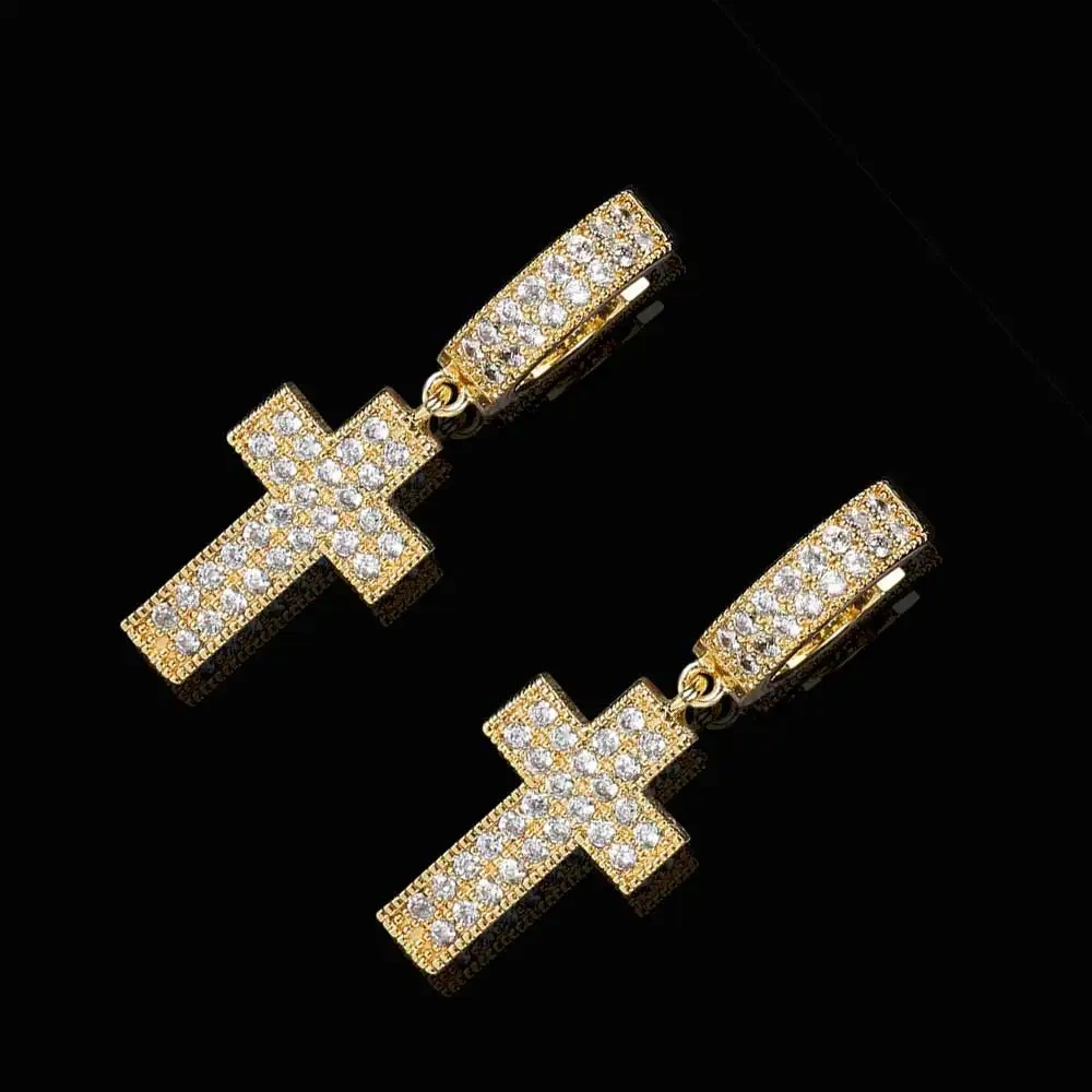 Drop Shipping Hip Hop Thick Hoop Earrings Bling Ice Out Cross CZ Zircon Plated Stud Lightning Earrings For Women Jewelry