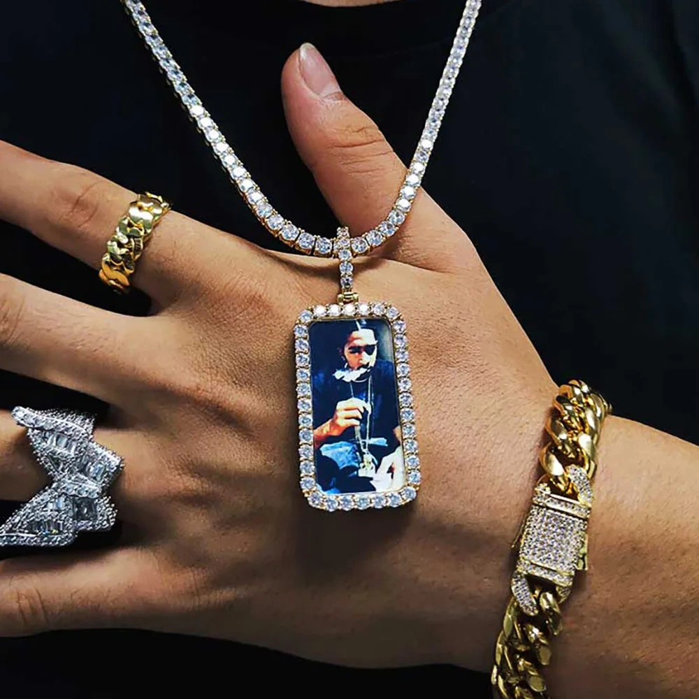 Custom Iced Out Square Picture Necklace for Men Personalized Medallions Rectangle Photo Pendant Free Engrave Hip Hop Jewelry