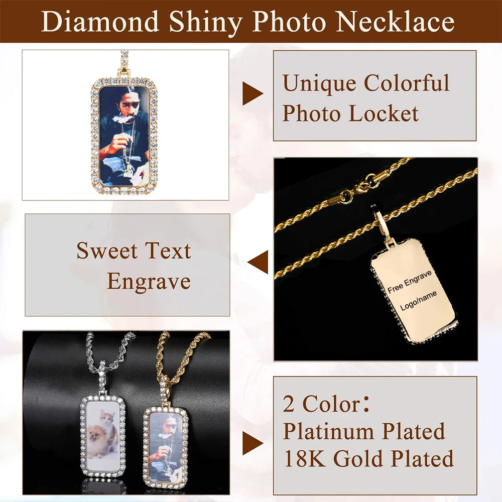 Custom Iced Out Square Picture Necklace for Men Personalized Medallions Rectangle Photo Pendant Free Engrave Hip Hop Jewelry