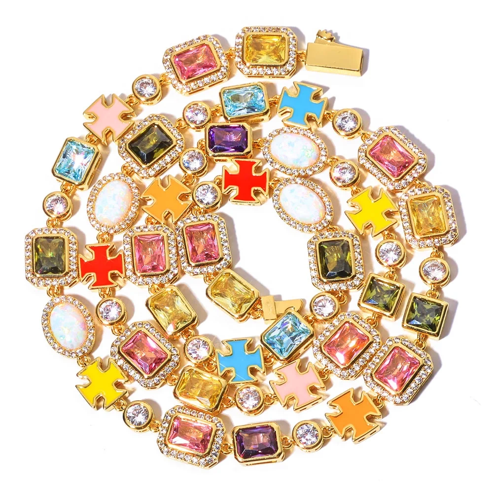 ESKEEM Rainbow CZ Diamond Necklace Multi Color Enamel Cross Design Iced Out Geometric Gemstone Chain Hip Hop Jewelry for Women