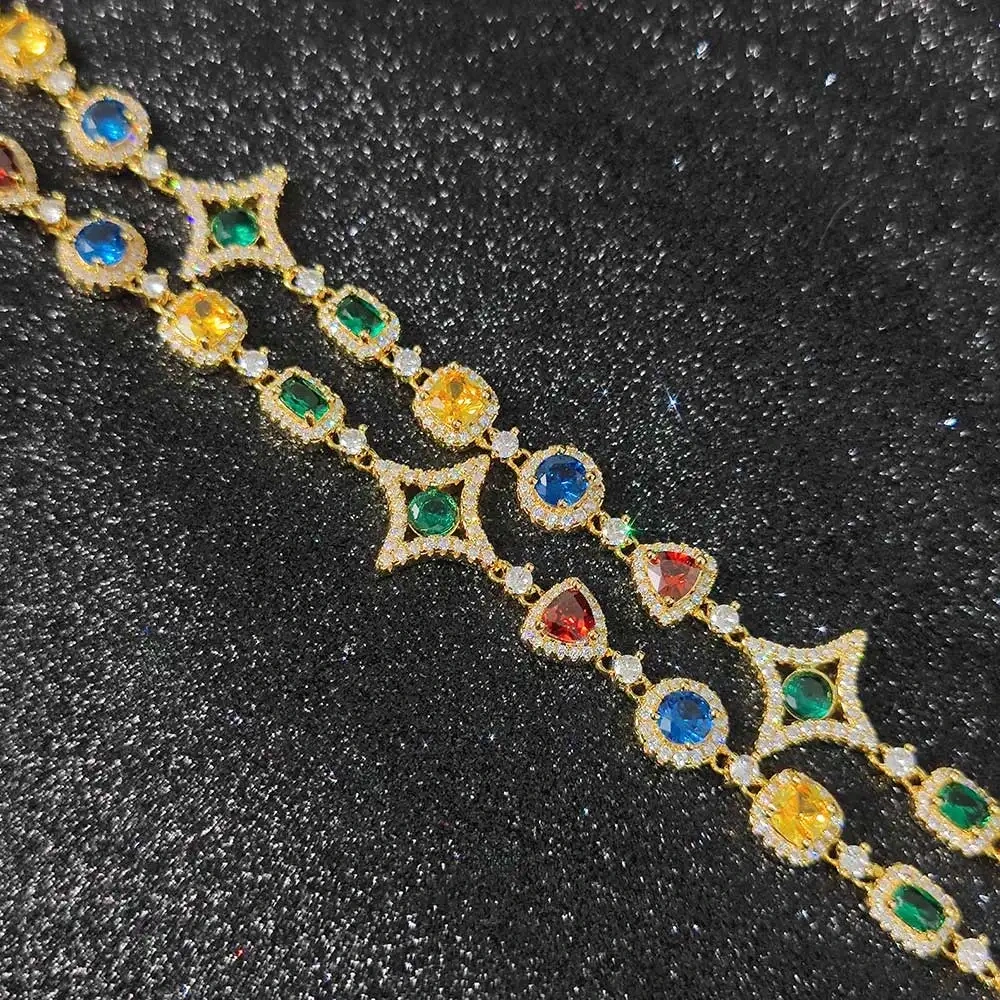 Hip Hop Jewelry Women Colored Zircon Iced Out Necklace Green/Blue/Red/yellow Crystal Gemstone Link Chain Necklace 18kGold Plated
