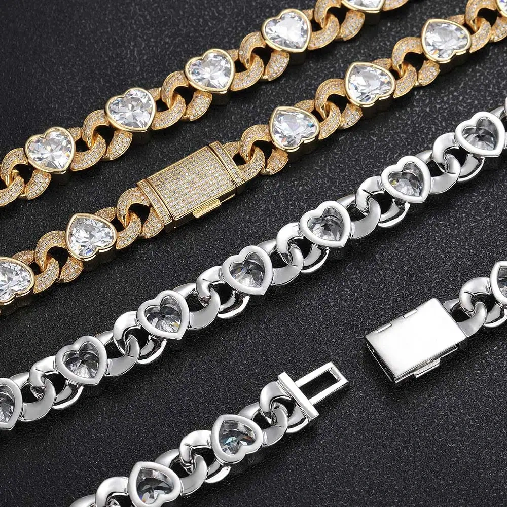 12MM CZ Miami Large Iced Out Heart Shape Cuban Link Chain Bling Hip Hop Rapper Heart Cuban Link Choker Necklace Women
