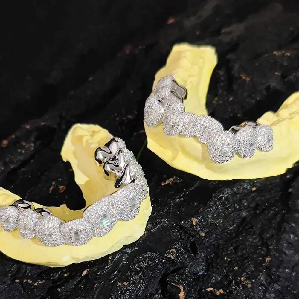 Hip Hop Iced Out VVS Grillz Invisible Setting Princess Cut Moissanite 925 Sterling Silver Top10 Bottom10 Grillz Pass Tester