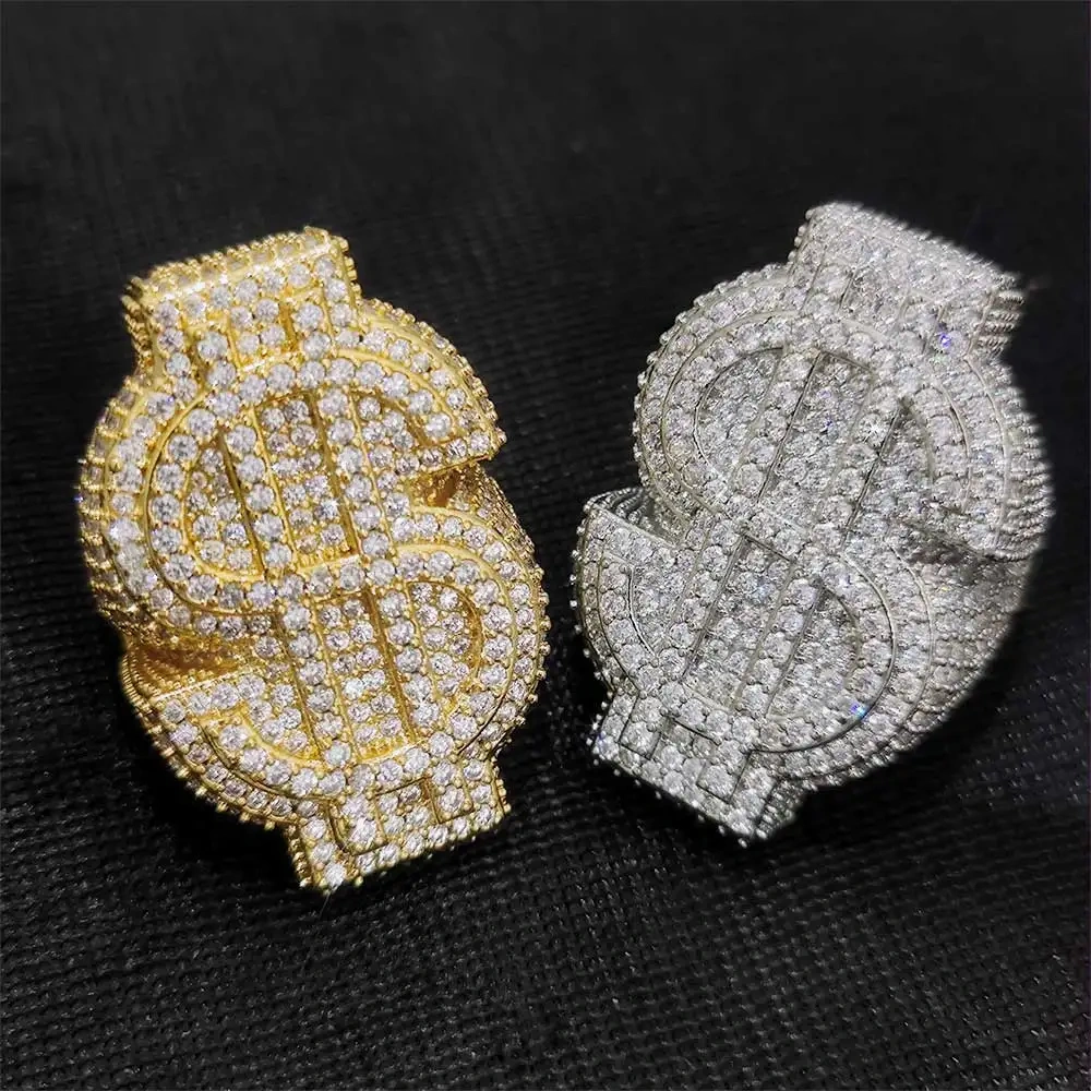 Hot Sale Custom Hip Hop Full Ice Out $Ring Copper With Zircon Money Big $ Sign Cut 18k Gold Plated Ring For Women Men