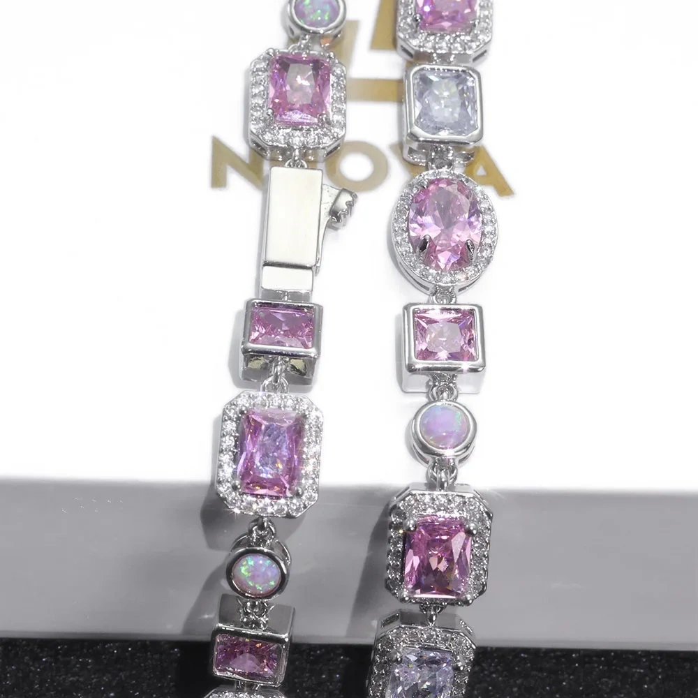 ESKEEM 10mm Opal Custom Bling Pink Cz Stone Chain Silver Gold Plated Necklace Geometric Gemstone Motif Iced Out Link Chain