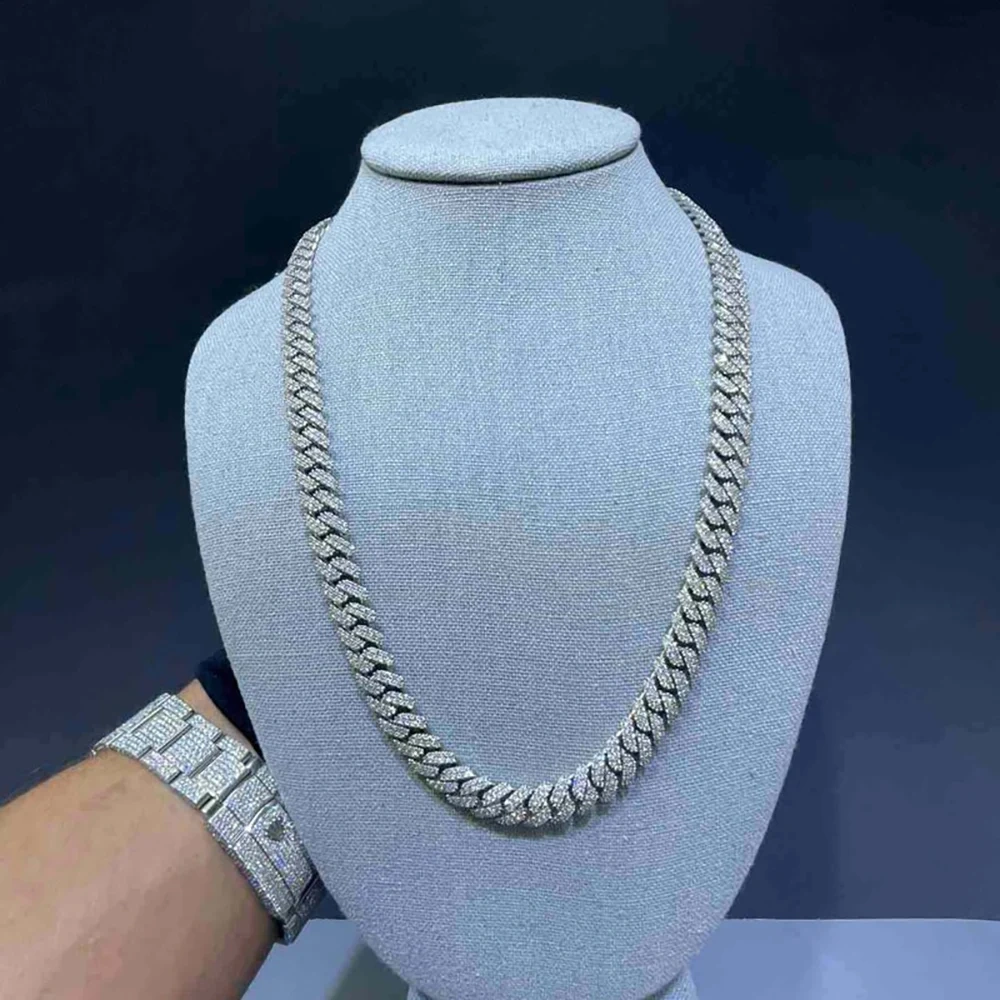 Hip Hop Jewelry Pass Diamond VVS Double Row 10MM S925 Sterling Silver Necklace Moissanite Miami Cuban Link Chain For Men