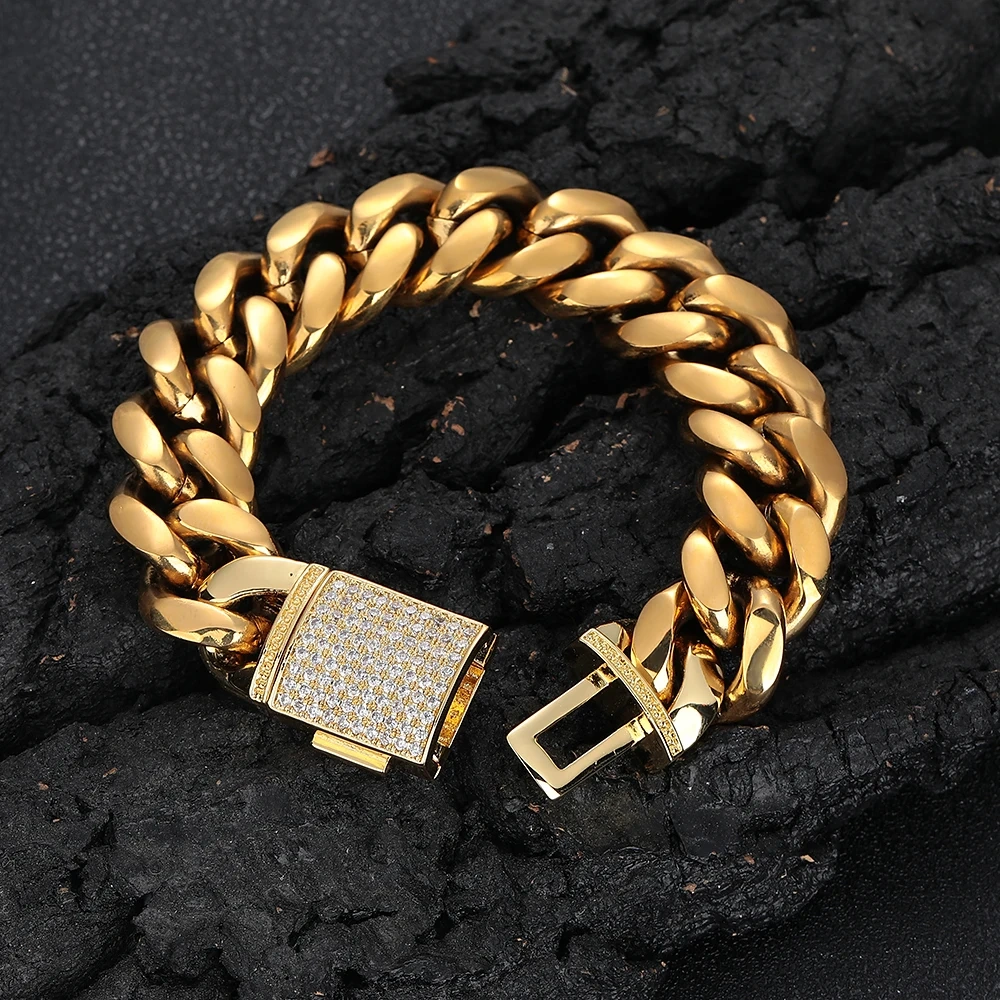 18MM Stainless Steel Cuban Chain With Bling Copper Cubic Zirconia Clasp  18k Gold Plated Hip Hop Cuban Bracelet Jewelry For Men