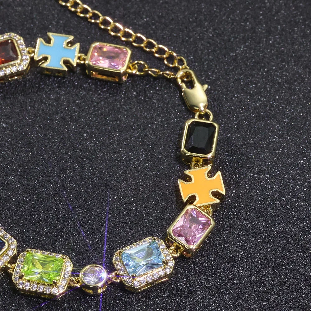 ESKEEM Hip Hop Iced Out Multi Color CZ Gemstone Tennis Bracelet Mixed Luxury Enamel Motif Jewelry Extension Chain Gift for Women