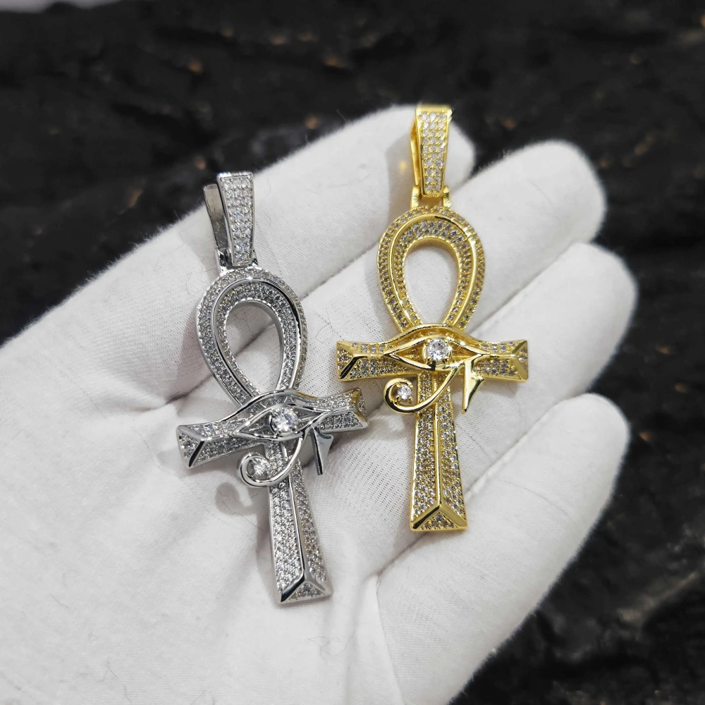 Ancient Egyptian Amulet Anka Cross Bling CZ Stone 18k Gold Color Plated Eye Of Horus Pendant Necklace For Men