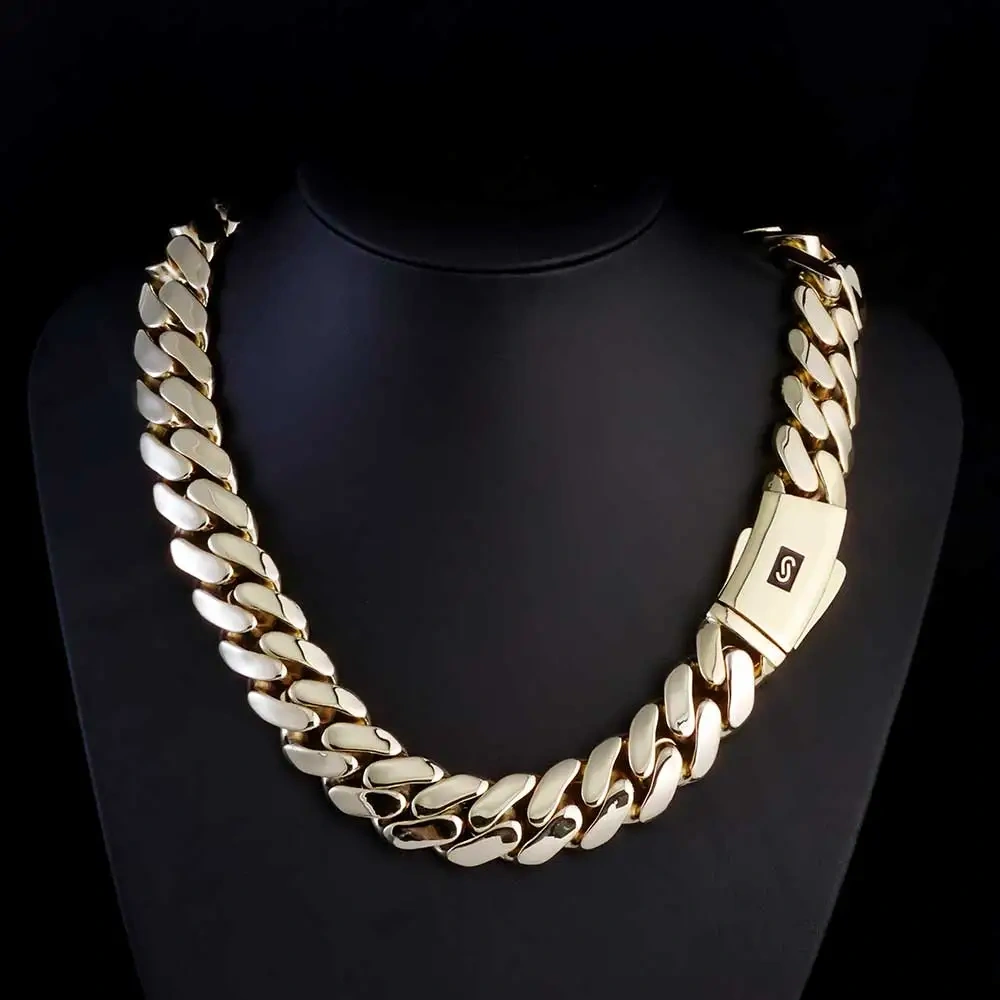 Hip Hop Jewelry 20mm 14K Gold Plated Monaco Chain Classic Pave Lock Choker Heavy Miami Cuban Link Chain Men's Necklace