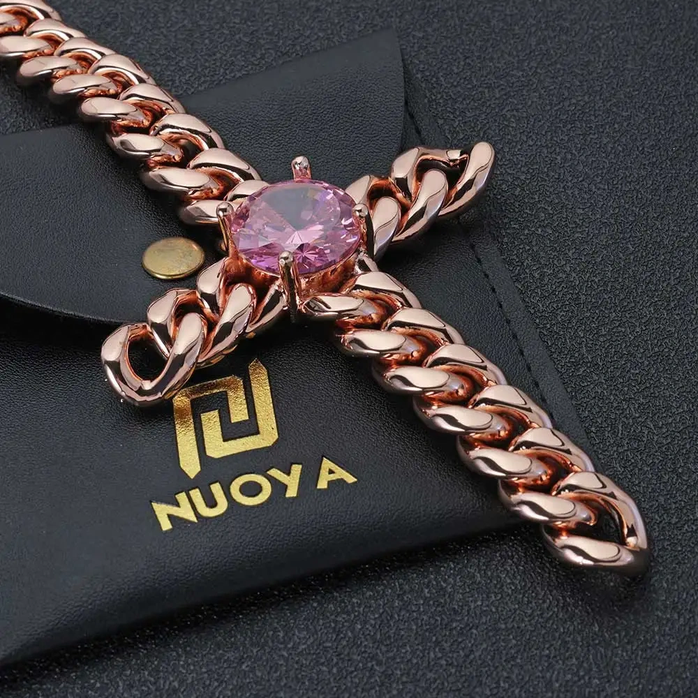 Hip Hop 16mm Big Pink Brass CZ Cross Pendant Jewelry Rose Gold Plated Stainless Cuban Chain Custom Necklace
