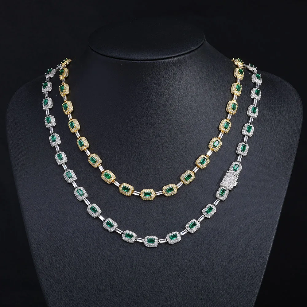 Round Square Green CZ Cluster Bead Link Chain Full Iced Out Bling Emerald Diamond Tennis Necklace For Valentine's Day Gift