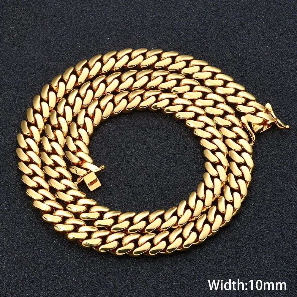 ESKEEM 10mm Solid Cuban Chain Necklace 18K Gold Plated Brass Thin Miami Cuban Link Chain Hip Hop Women Fine Jewelry Gift
