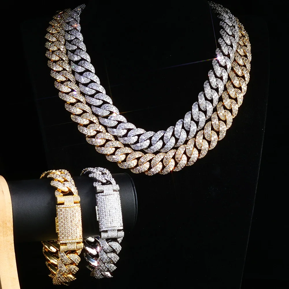 ESKEEM 20MM 3Rows Baguettes Diamond Miami Cuban Chain For Men Women Iced Out CZ Cuban Link Necklace Hip Hop Jewelry ﻿