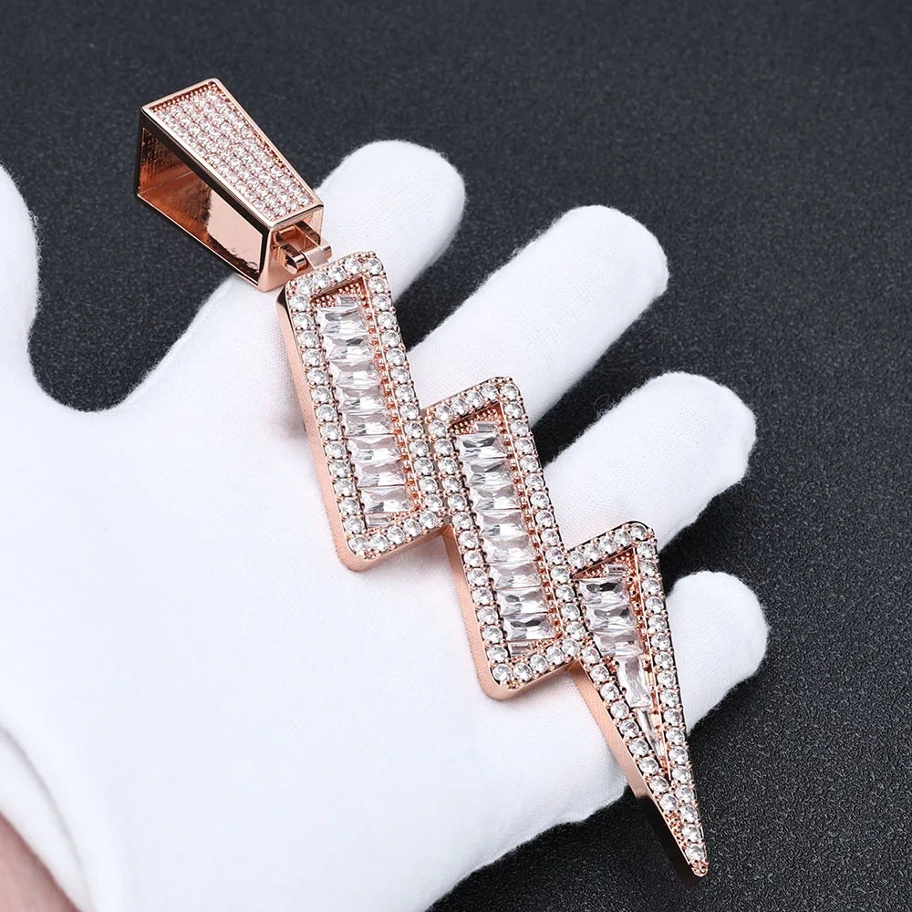 Bling Hip Hop Jewelry 48*142mm Lightning Pendant Rose Gold Plated Brass AAAAA Baguette CZ Diamond Iced Out Lightning Pendant