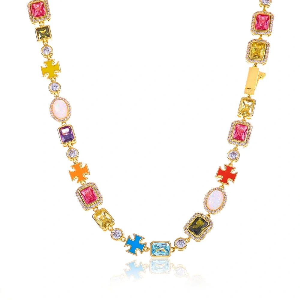 ESKEEM Rainbow CZ Diamond Necklace Multi Color Enamel Cross Design Iced Out Geometric Gemstone Chain Hip Hop Jewelry for Women