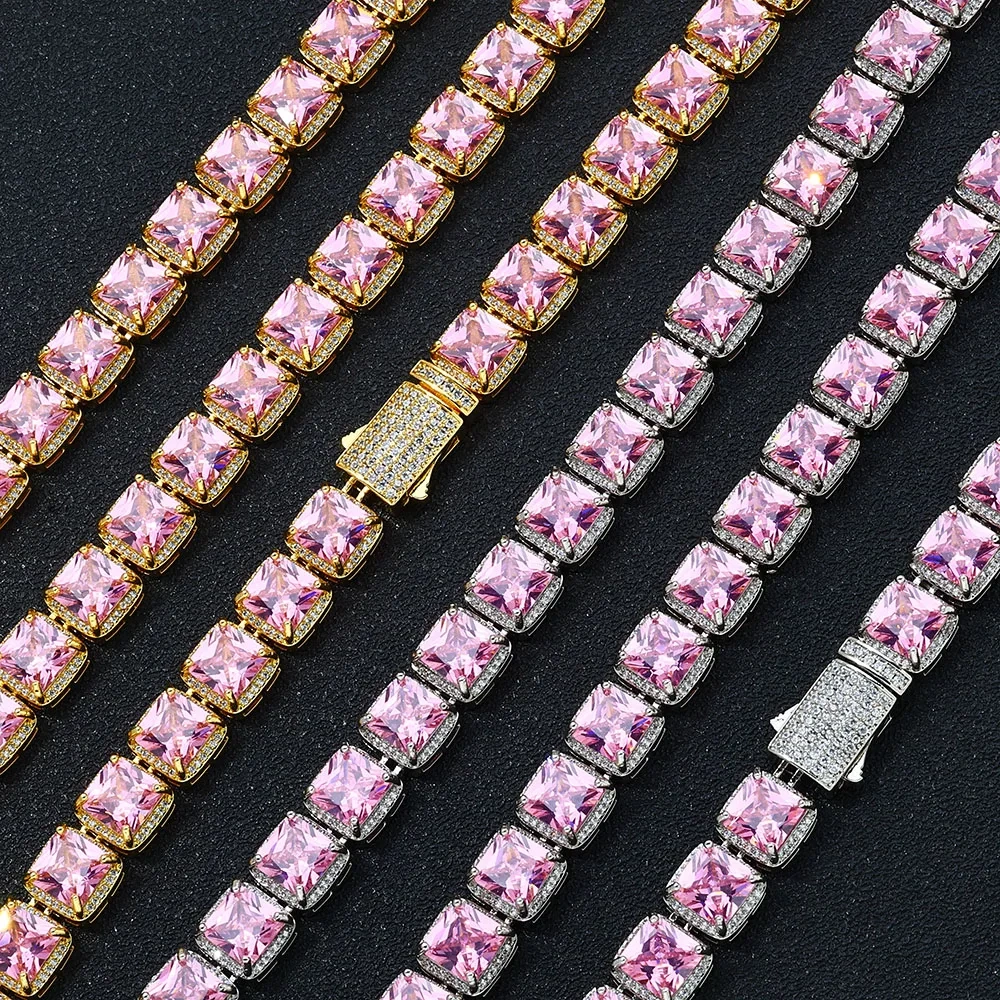 Stunning Pink Princess Cut Cubic Zircon Square Shape Tennis Chain for Women Bride Engagement Wedding Necklace Lady Gift