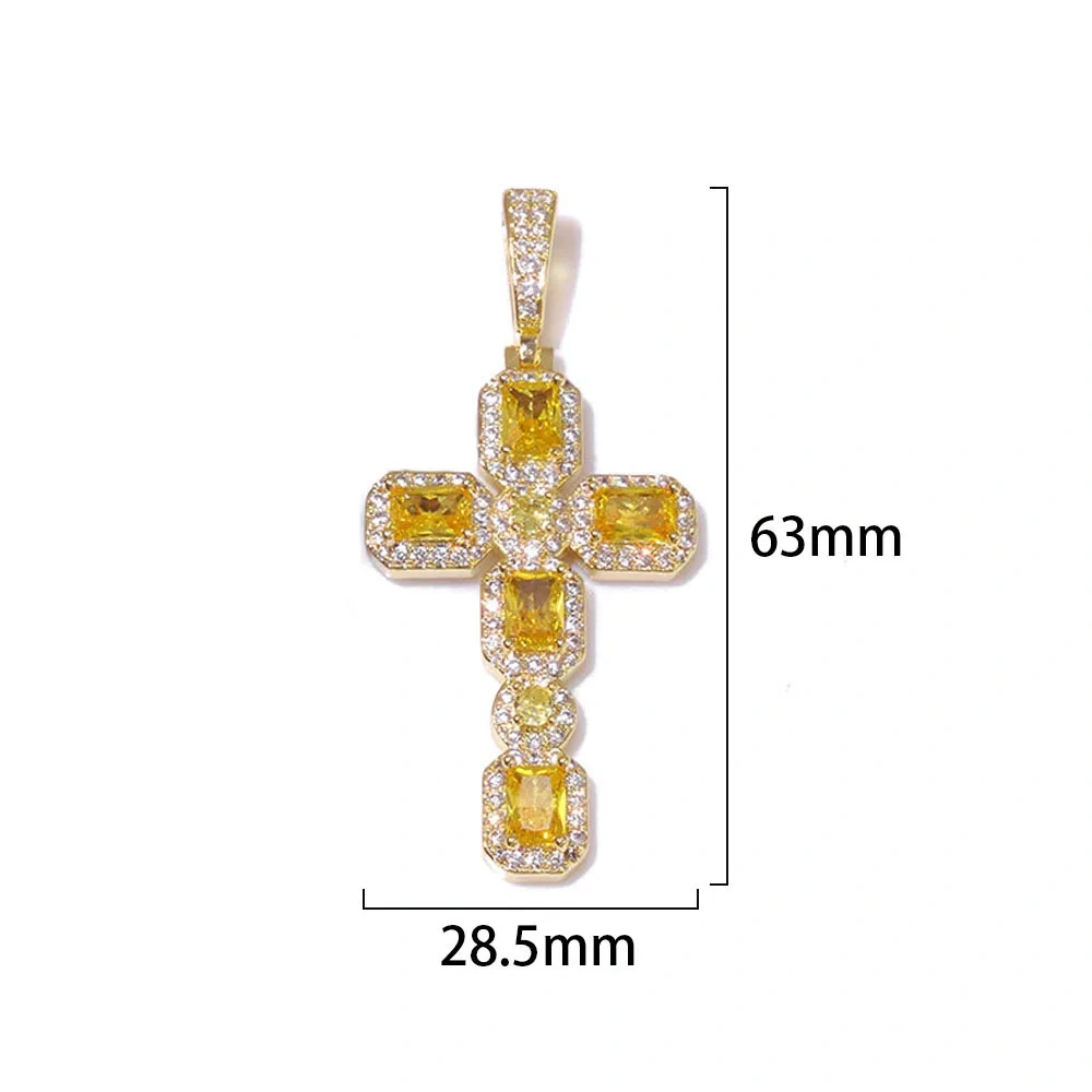 ESKEEM New Arrival Hip Hop Bling Yellow CZ Diamond Cross Pendant Yellow Baguette Gemstone Cross Necklace for Women Men