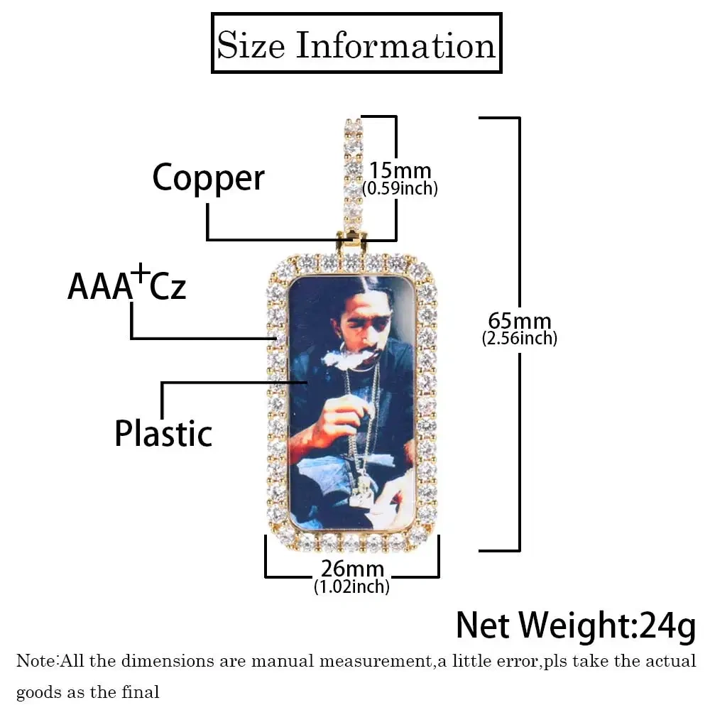 Custom Picture Necklace for Men Personalized Medallions Rectangle Photo Pendant Solid Back Zircon Hip Hop Jewelry