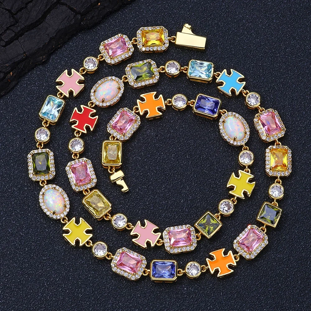 ESKEEM 10mm Pink/yellow/Bluw Multi Color Enamel Bling Cz Stone Chain Cross Geometric Gemstone Motif Iced Out Opal Chain Necklace