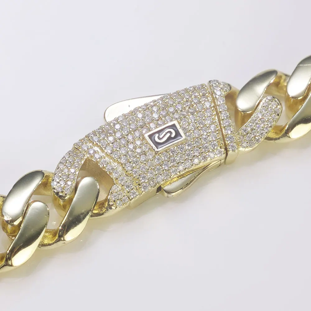 ESKEEM New 925 Silver Monaco Chain Iced Out VVS Moissanite Clasp Real 14K Gold Plated 12mm 15mm Cuban Link Necklace Jewelry