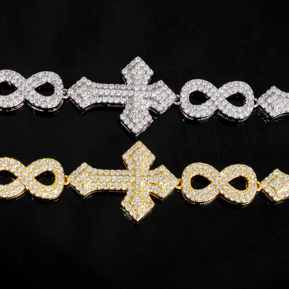 ESKEEM Luxury 8MM Iced Out Diamond Chain Bracelet Gold Plated Cross 8-Character Infinite Design Bling Zircon Fine Jewelry