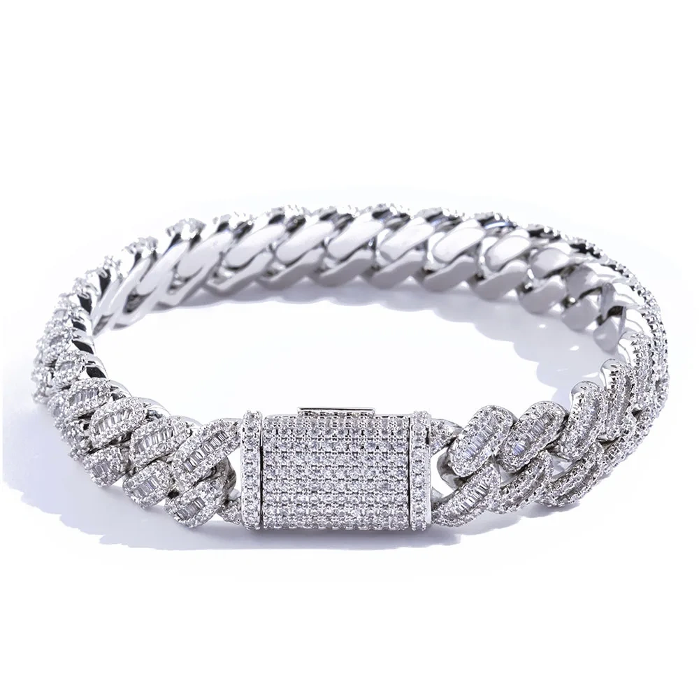 Hip Hop 12/15mm Bling Iced Out Diamond Cuban Chain Brass 5A Cz Baguette Cuban Link Necklace Men Women Jewelry Birthday Gift