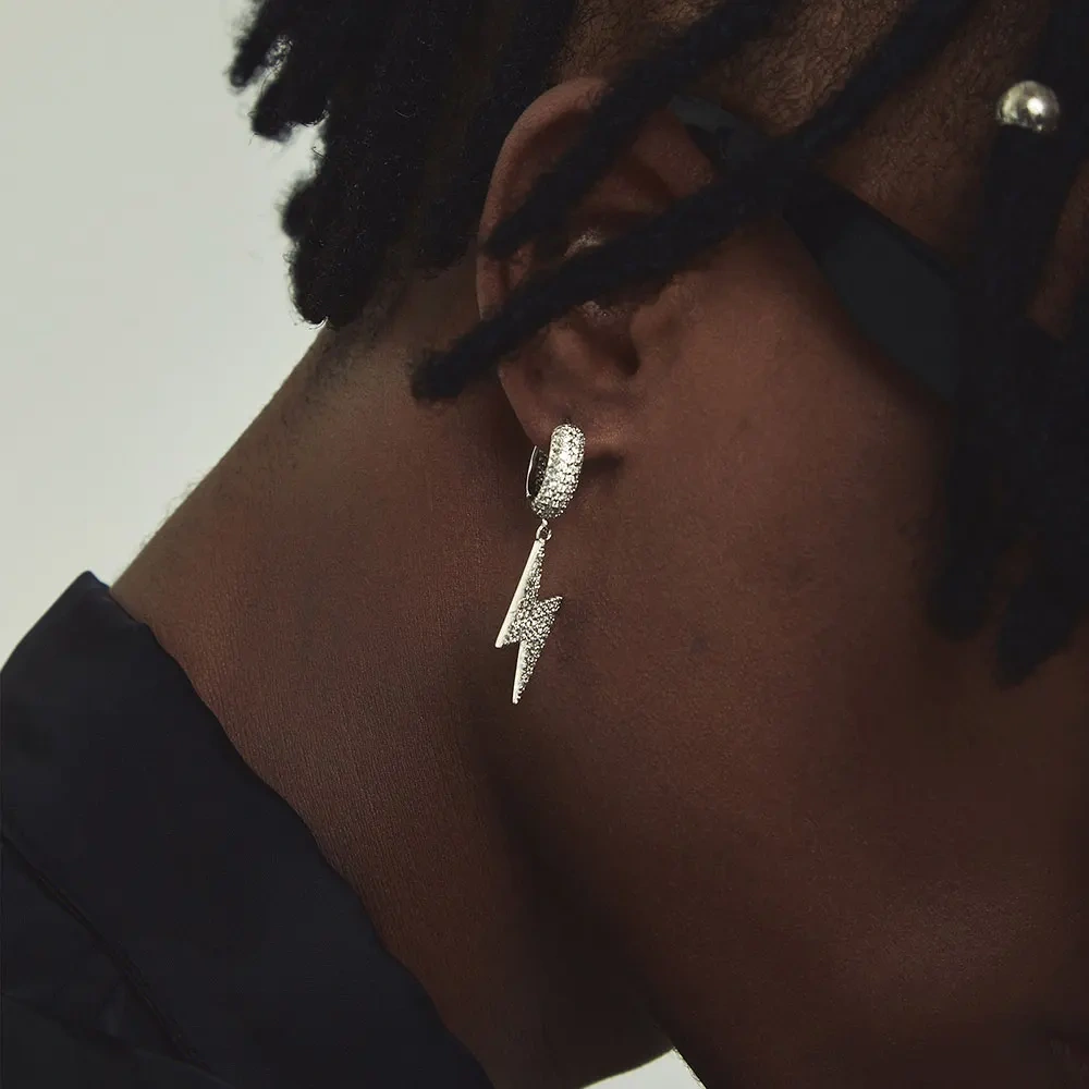 Iced Out Lightning Jewelry Hip Hop For Men Bling Hoop Drop Earrings