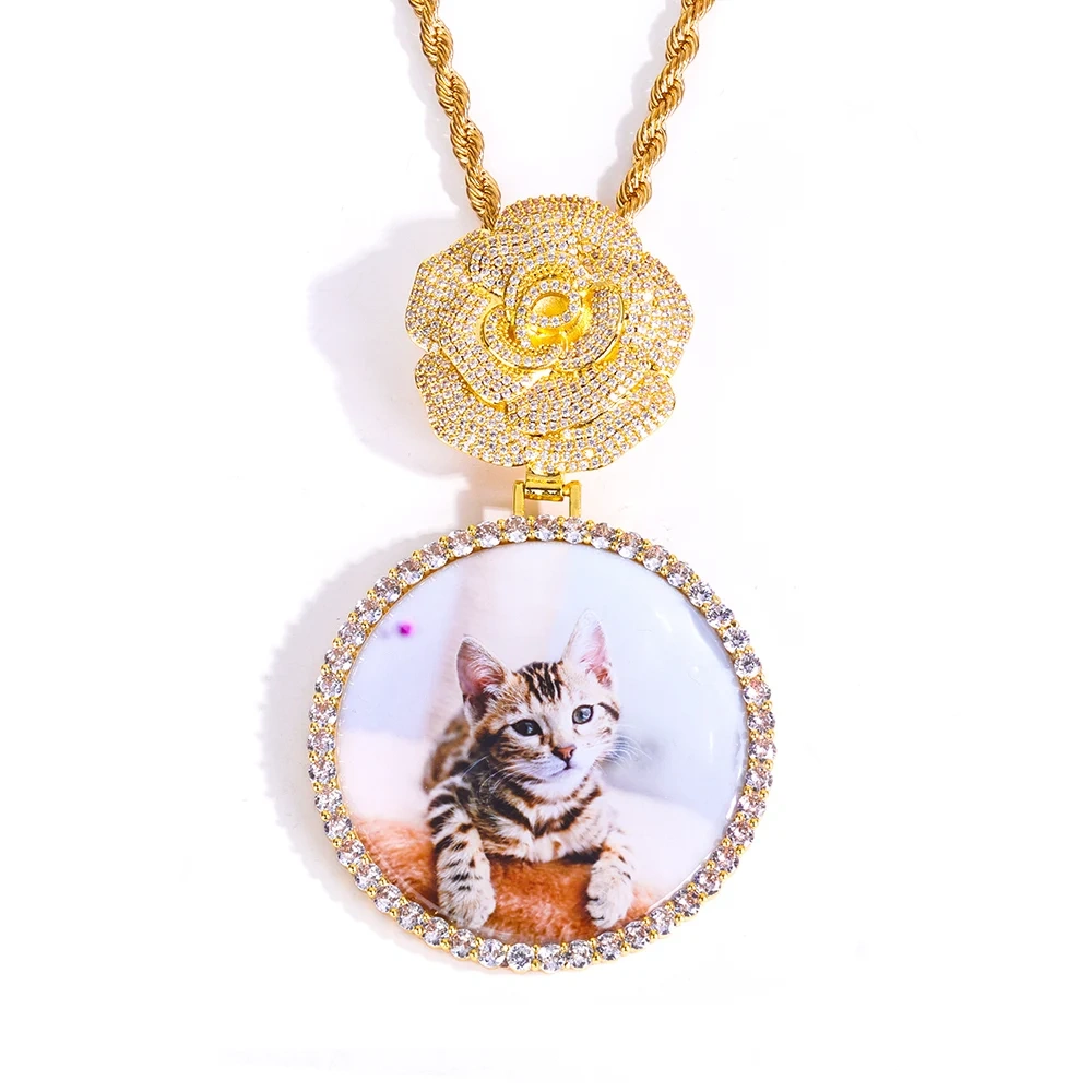 Customizable HipHop Rose Flower Bail Medallion Jewelry Personalized DIY Photo Memory Pendant 45/68mm Circle Picture Chain Gift