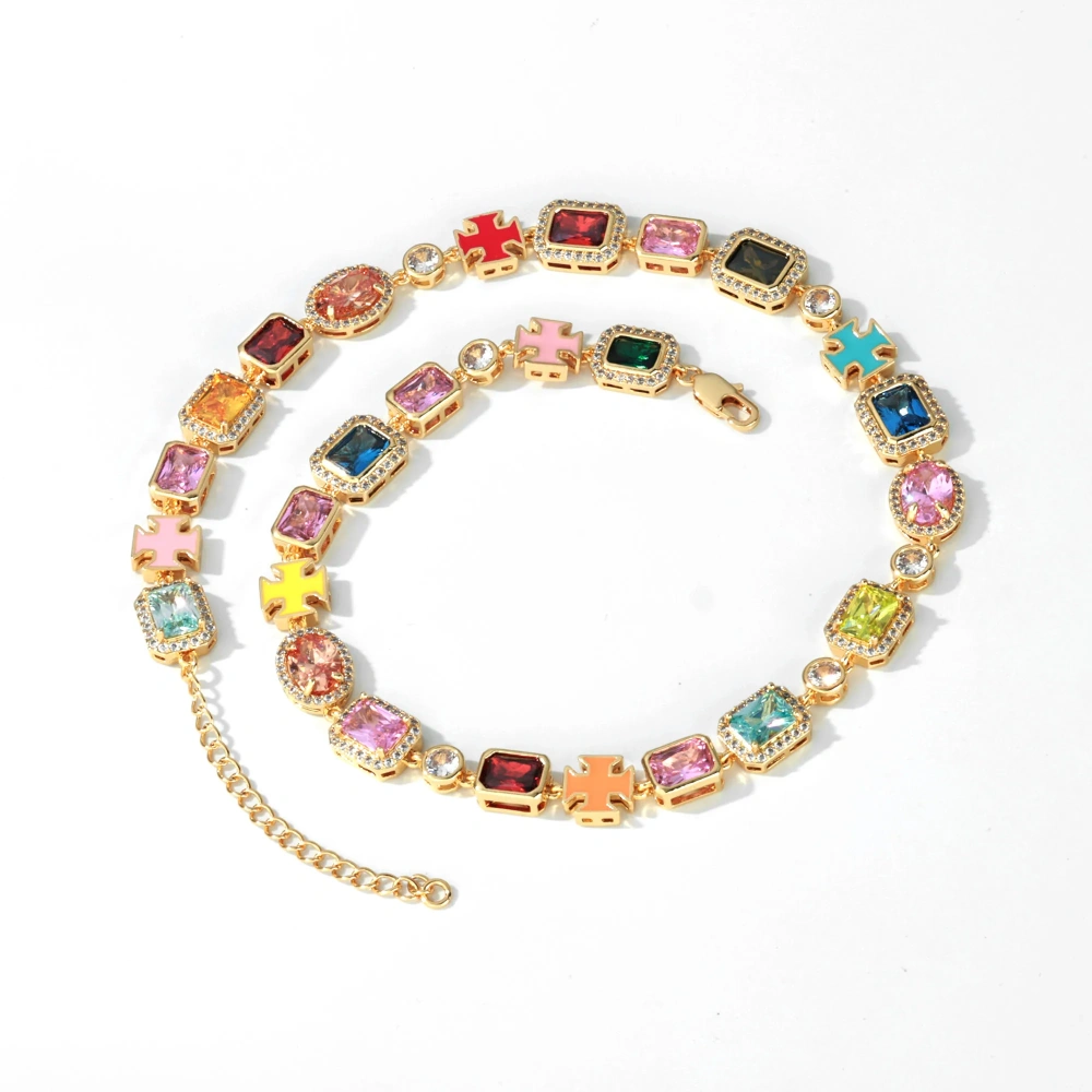 ESKEEM Gorgeous Enamel Necklace Mixed Gemstone Cross Tennis Design Exquisite Zircon Colorful Adjustable Necklace for Women Men