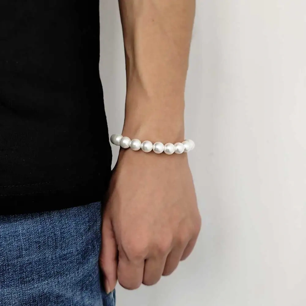 Hip Hop Jewelry 6mm 8mm 10mm 12mm Beaded White Pearl Strand Bracelet Women Men High Quality Bracelet Stainless Steel Clasp