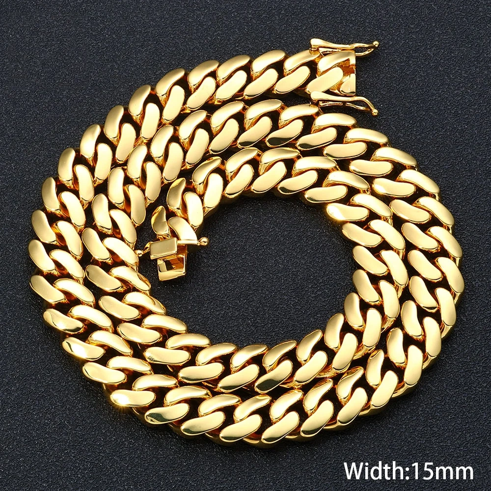 Hip Hop Jewelry 15mm Width 18k Gold Plated Classics Cuban Link Chain Smooth Miami Chunky Necklaces for Men Women