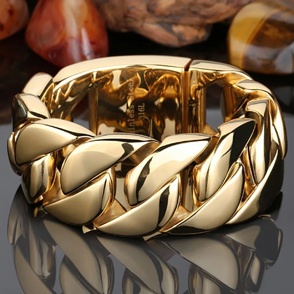 ESKEEM 32MM Stainless Steel Cuban Chain Fashion Bracelet 18K Gold Plated Hip Hop Men's and Women's Jewelry